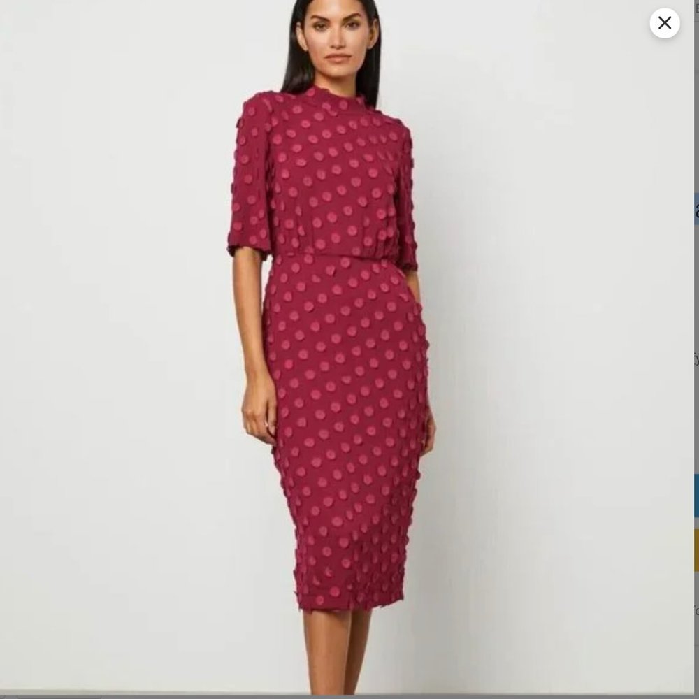 BCBG MAXAZRIA Polka dot Mock Neck Midi Dress cranberry red